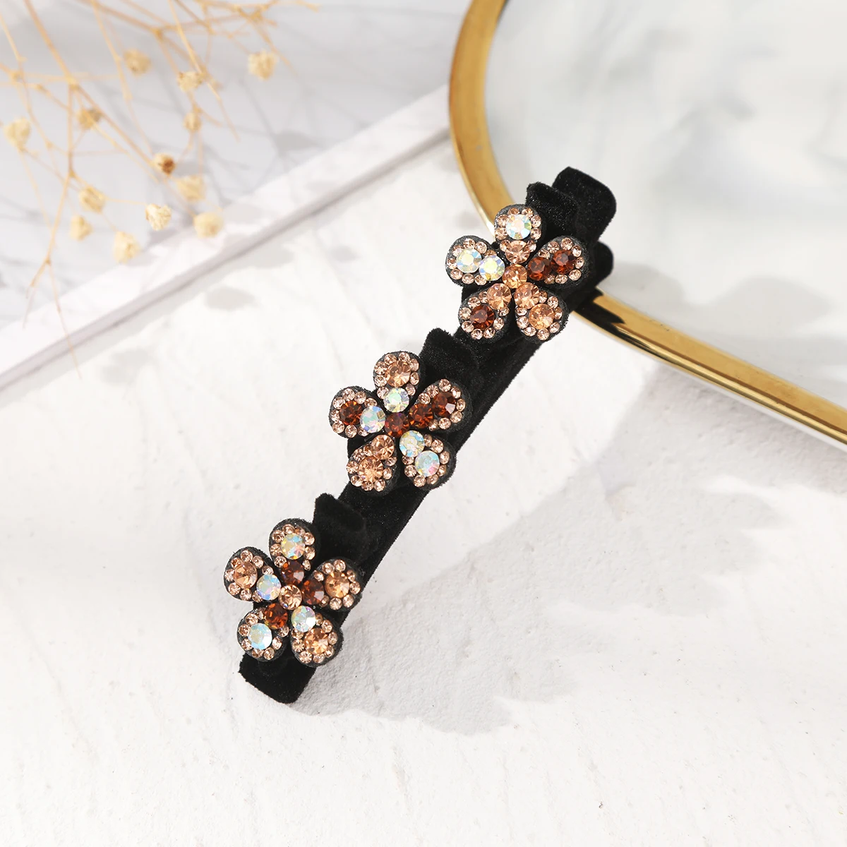 AWAYTR New Fashion Sparkling Crystal Stone Hairpin 3 Flower Hair Clips For Women Braided Hair Duckbill Hair Claw Headwear