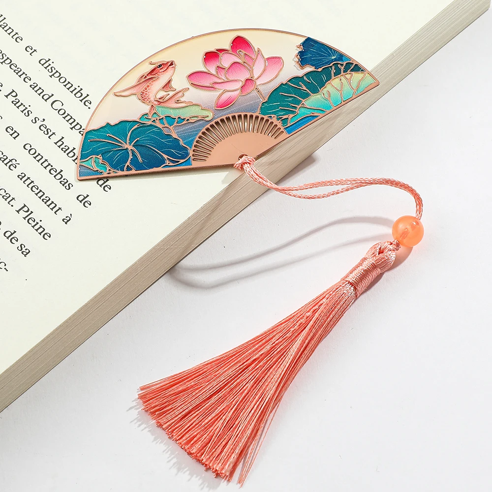 Chinese Style Folding Fan Bookmark Carp Lotus Flower Hollow Tassels Metal Book Page Marker Reading Gifts Stationery Supplies