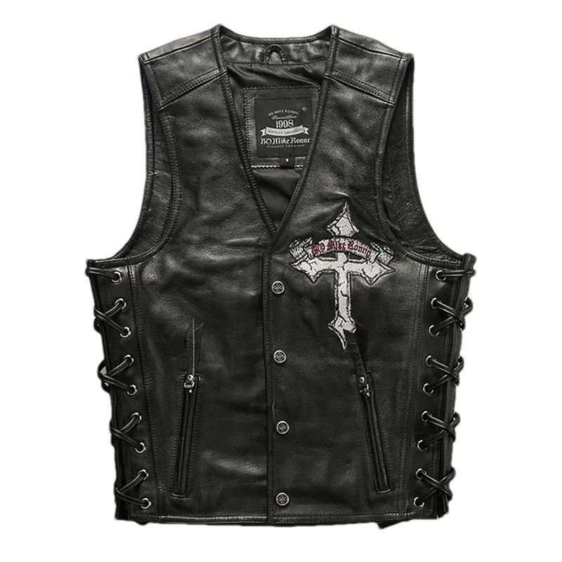 Black Four Seasons Leather Vest Men Sports Style Plus Size 4XL Genuine Natural Cowhide Slim Fit Skull Embroidery Pattern Vest