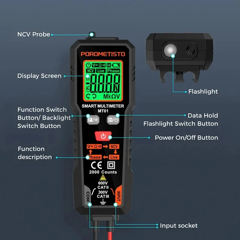 MT01 Smart Mini Digital Multimeter AC DC NCV Multimeter Tester Multimetro Ohm Voltage Meter Auto Range 600V Electrician Tester