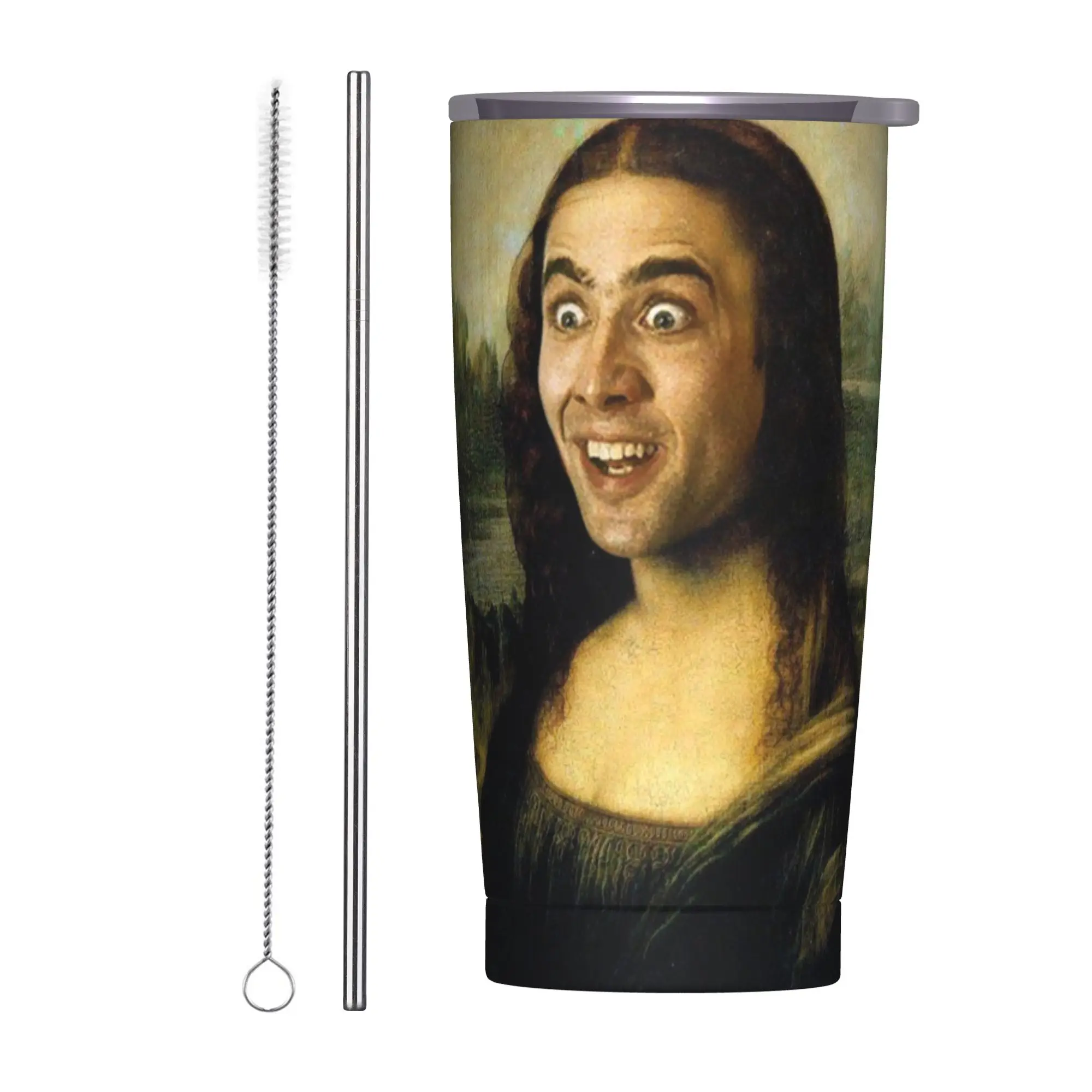Nicolas Cage Mona Lisa Tumbler Vacuum Insulated Face Printed Thermal Cup with Lid Straw Smoothie Tea Mugs Water Bottle, 20oz