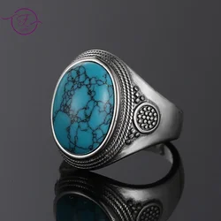 Luxury Vintage S925 Silver Ring 10x14MM Big Oval Natural Turquoise Rings for Women Men Fine Jewelry Party Gift
