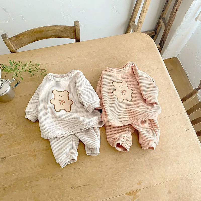 Newborn Set Boys and Girls Baby Waffle Cartoon Long Sleeve Top+Solid Color Pants 2 Piece Children's Little Bear Embroidery Set