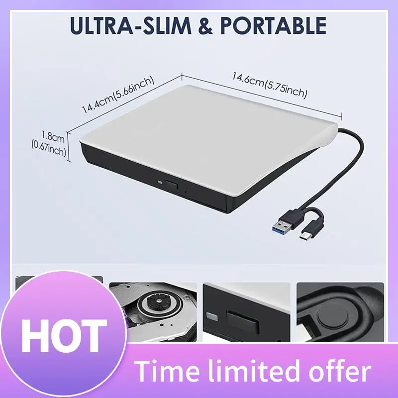 ABFN-محرك أقراص CD DVD +/-RW خارجي، USB 3.0 وUSB-C مشغل أقراص مضغوطة وأقراص DVD ROM محمول قارئ قارئ محرك أقراص إعادة الكتابة