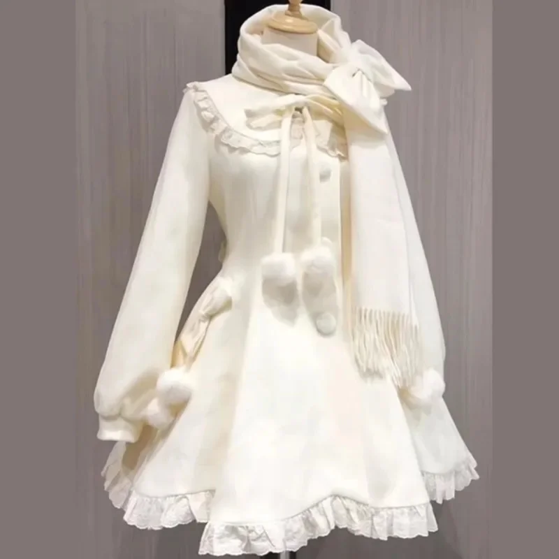 Chic casaco arco vestidos midi vestidos outono inverno cachecol de lã conjunto doce petite feminino roupa de duas peças elegante macio quente em camadas conjunto