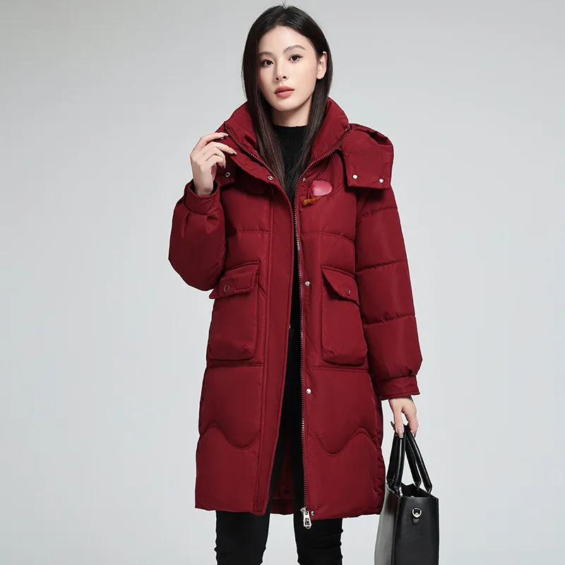 

Winter White Duck Down Jacket Women Warm Mid-length Down Jacket Fashion Cow Horn Buckle Hooded Loose Thicked Women's Jackets