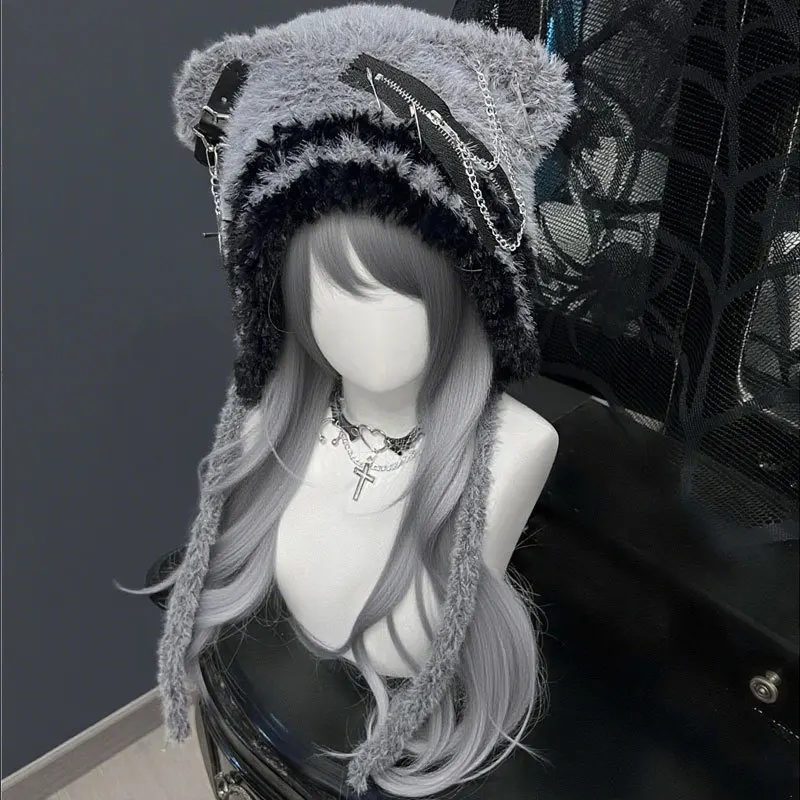 

Women’s Gothic Harajuku Punk Lolita Y2K Spicy Girls Original Subculture Bear Hat Cute Little Bone Cross Star Wings Wool Caps