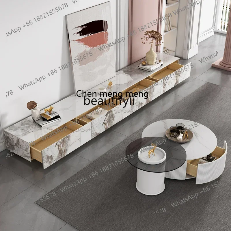 Xz1Cream نمط لوحة حجرية تلفزيون خزانة غرفة المعيشة الحديثة بسيطة شقة صغيرة خزانة أرضية طاولة القهوة مزيج التخزين #5