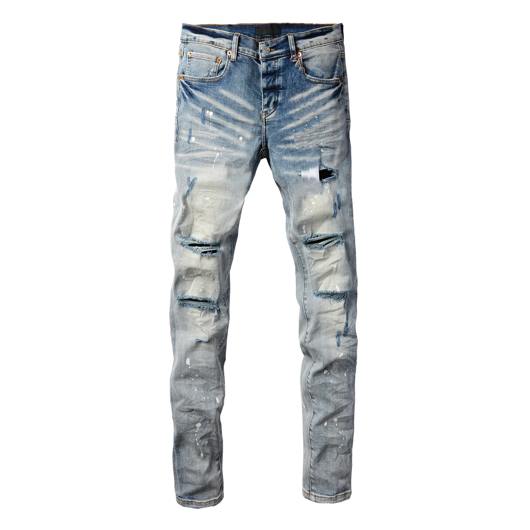 

2025 Man's High Street Blue Ripped Distressed Skinny Jeans Low Rise Denim Trousers Fashion Repair Pants