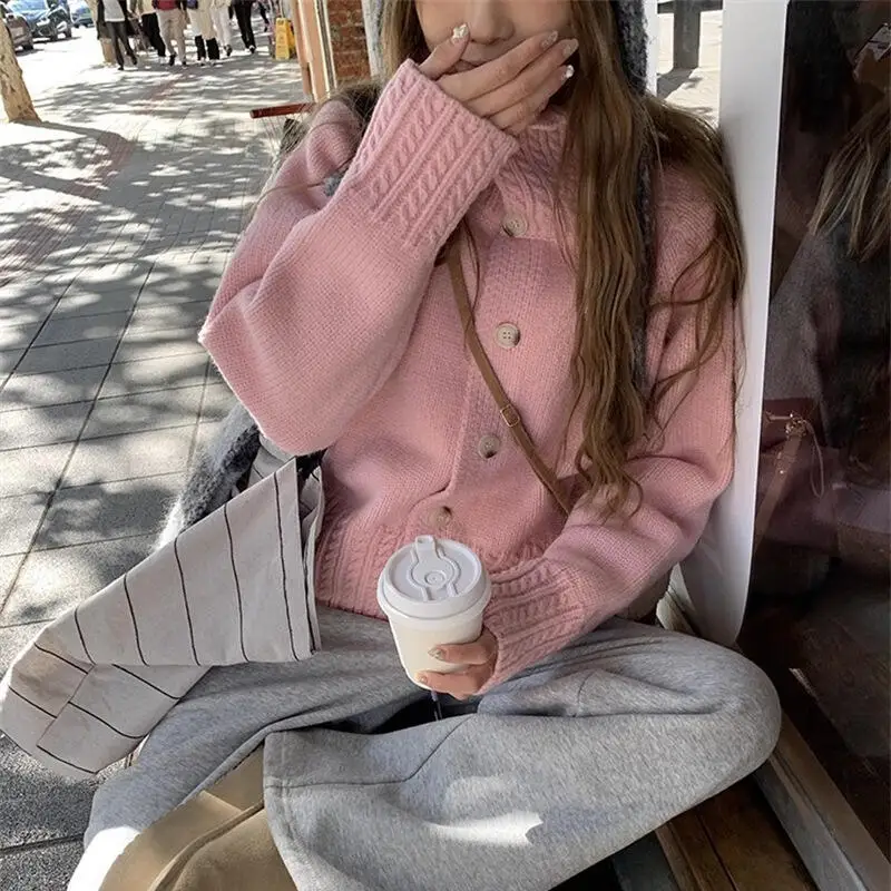 Pink High Collar Knitted Sweater Cardigan Women's Jacket Solid Knitted Top Twists Sleeve Knitwear Korean Version Autumn Winter
