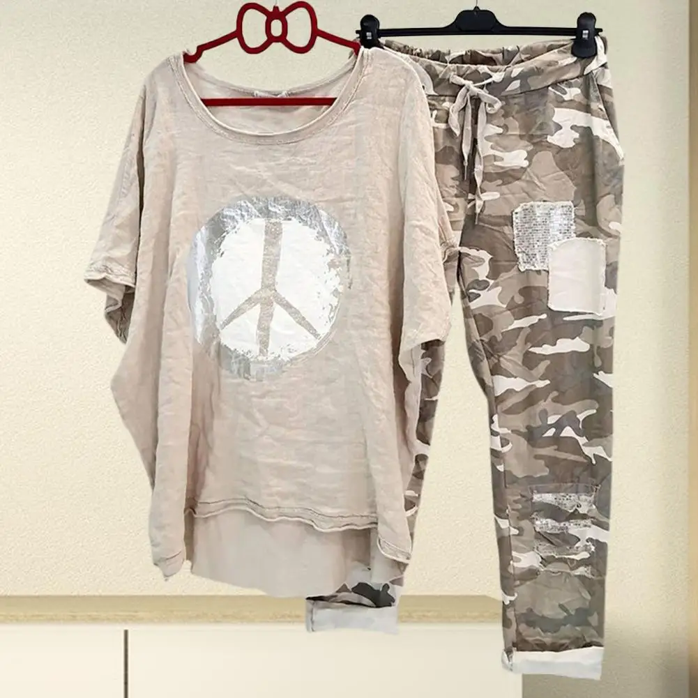 1 Set T-shirt Pants  Camouflage   T-shirt Trouser Set Relaxed Fit Lace-up Outfit