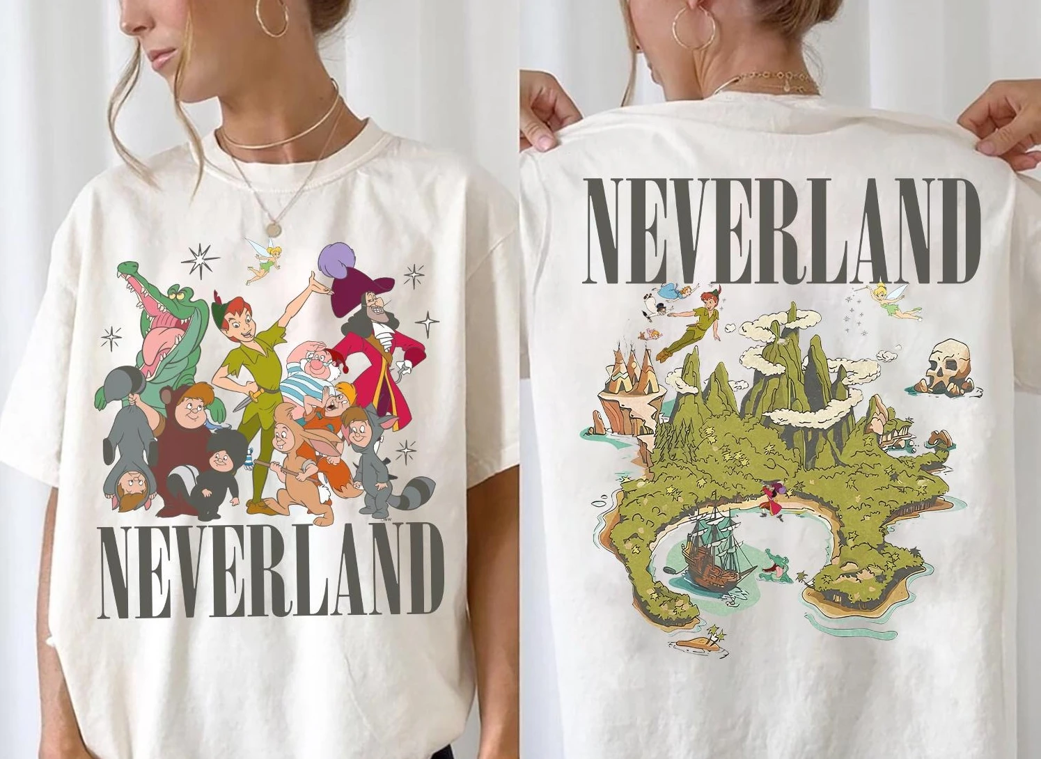 MINISO 양면 디즈니 피터팬 네버 그로우 업 셔츠 팅커벨 웬디 플라이트 투 네버랜드 티셔츠 디즈니 걸스 트립 셔츠