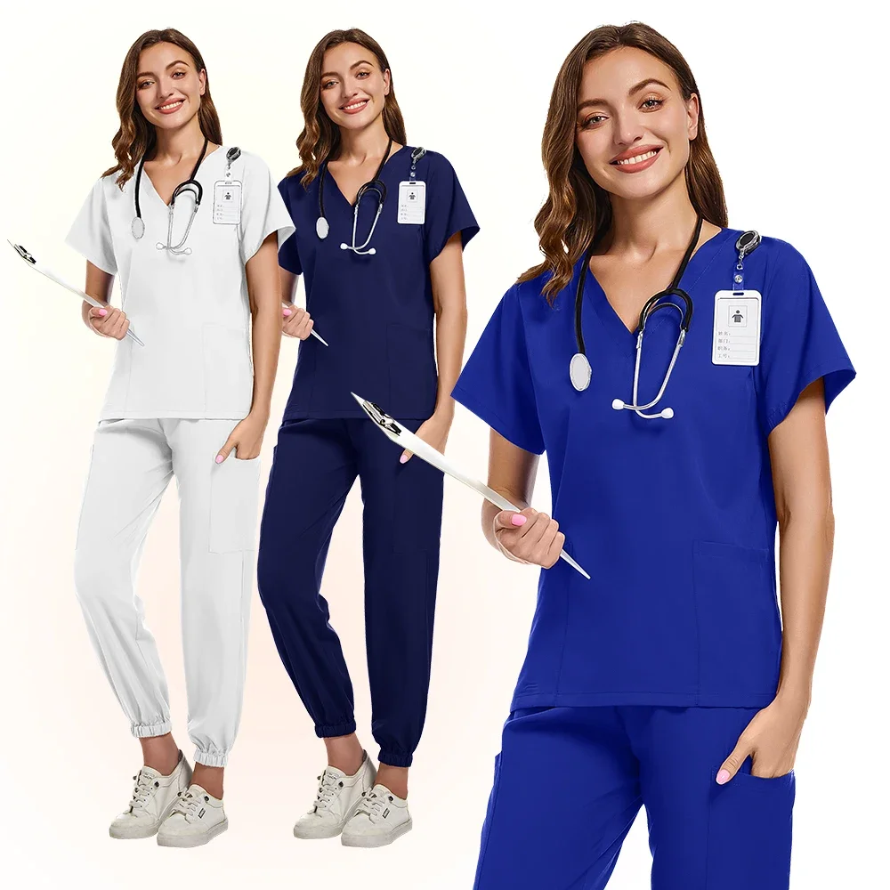 New Short Sleeve Scrubs Top With Pocket Pants Medical Nurse Uniforms Doctor Surgery Overalls Spa Outwear Beauty Salon Workwear