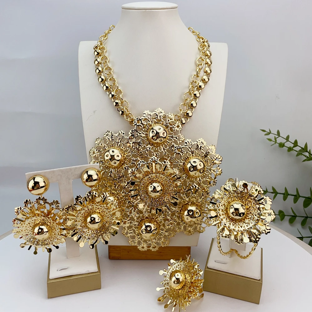 

New Fashion Trendy Women Jewelry Set Brazilian Gold-Plated African Wedding Bridal Big Flower Pendant Necklace Gifts FHK24997