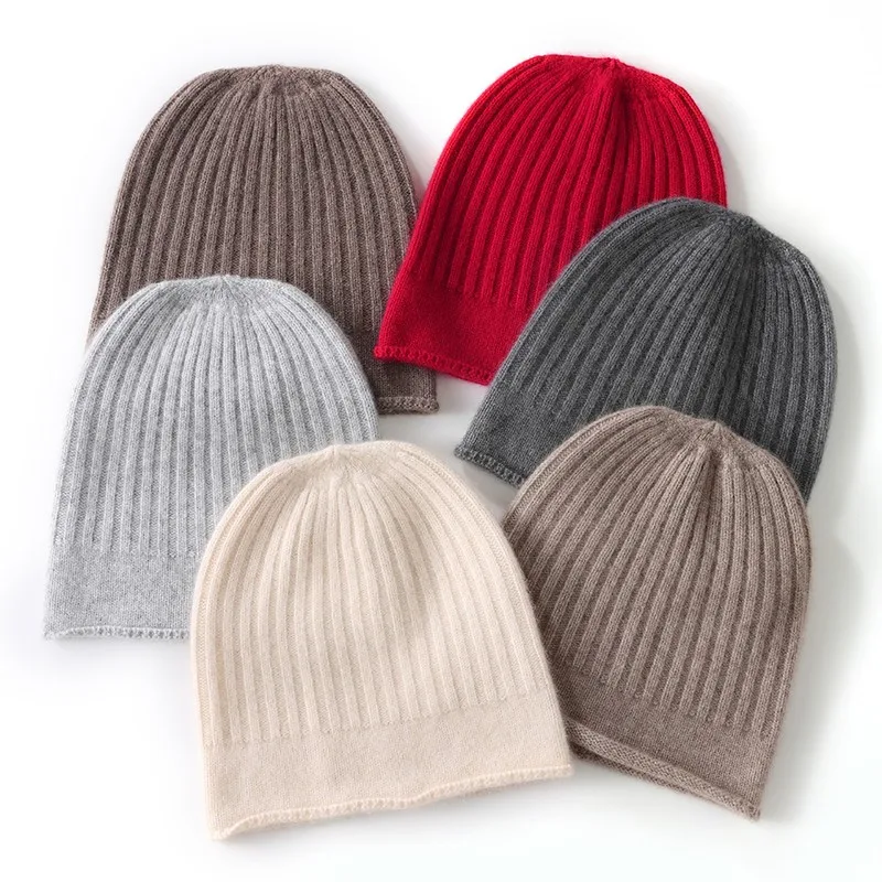 100% Cashmere Hat Unisex Winter Knitted Ribbed Thickened Cold Hat Ear Protection Wool Hat Warm Head Wrap Knitted Hat