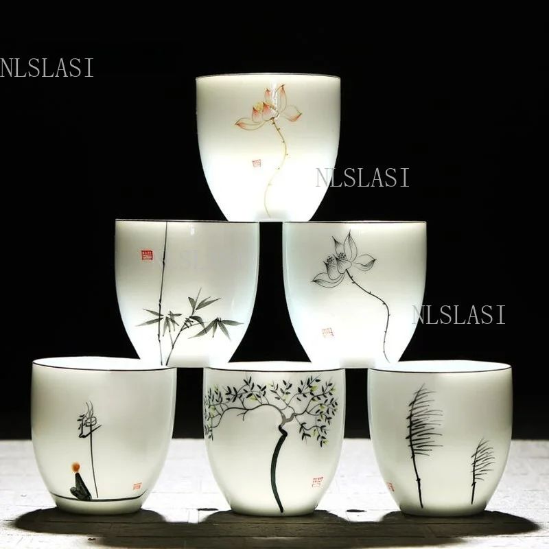 6pcs White Porcelain Tea Cups Set Chinese Ink Painting Style Underglaze Color Handleless Kung Fu Tea Bowls for Tea Ceremony Gift