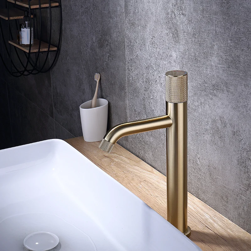 Brushed gold cold and hot faucet for household use, all copper light luxury bathroom, elevated platform, basin, washbasin