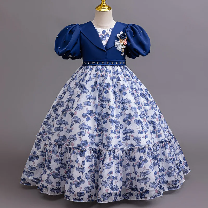 

New 4-12 year old children's dress puff sleeve chiffon pattern princess dress girls birthday party dress elegant girls print dre