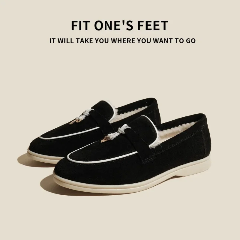 New Fleece Lined Genuine Leather Slip-On Loafers Flat Bottom Casual Shoes Men's Comfortable Soft Sole round Toe Flat Heel