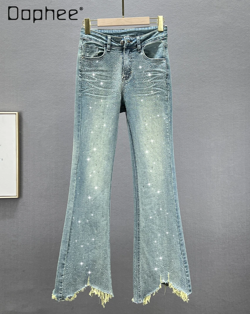 

Trendy Woman's Rhinestones Denim Bootleg Pants 2024 Spring New Stretchy High Waist Slimming Lengthened Frayed Denim Trousers