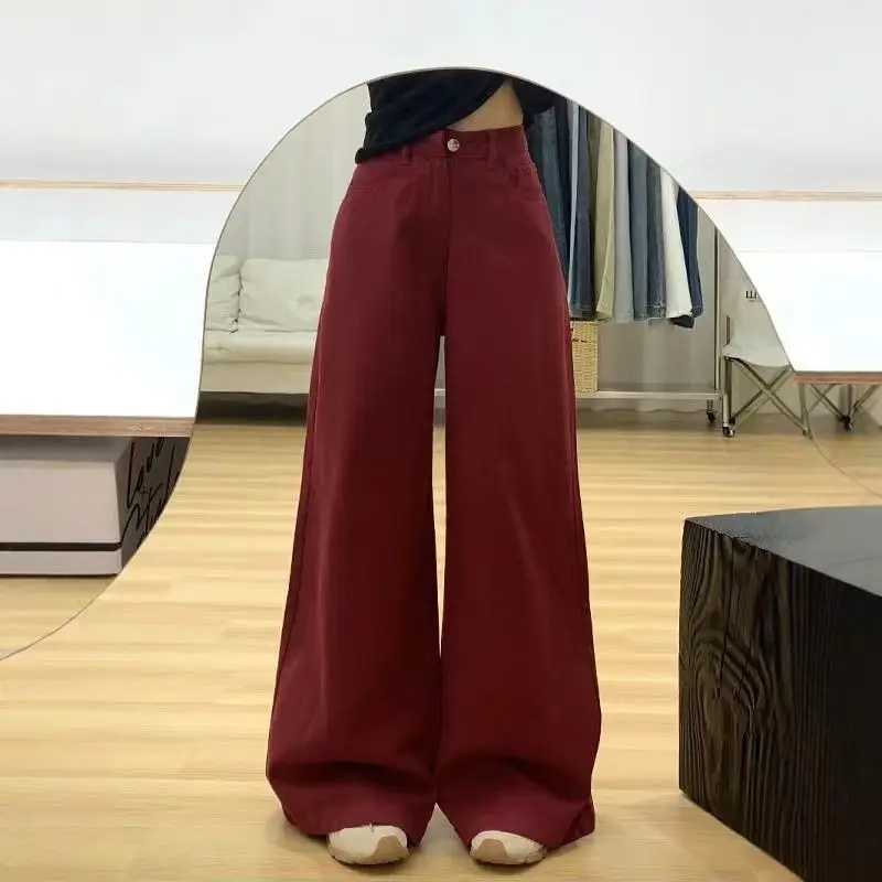 

Angora Red Wide-leg Jeans Women's High-waist Loose Slim Straight-leg Mopping Pants