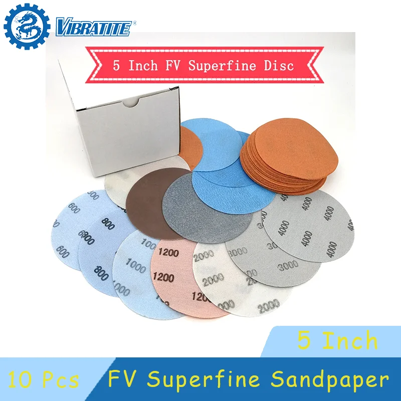 10 Pc FV Superfine Sandpaper 5 Inch 125mm Wet/Dry Hook & Loop Auto Body Film Sanding Disc Paint Abrasive Sandpaper 600-5000 Grit