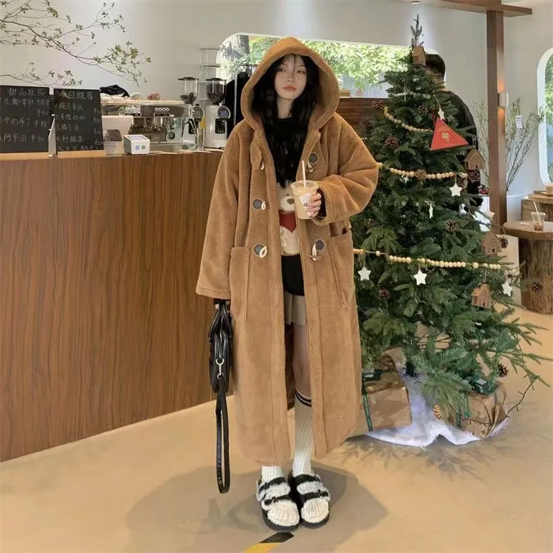 Preppy Style Woolen Trench Coat for Women Fashion Loose Long Sleeve Horn Button Hooded Fluffy Jackets Midi-Length Thick Overcoat