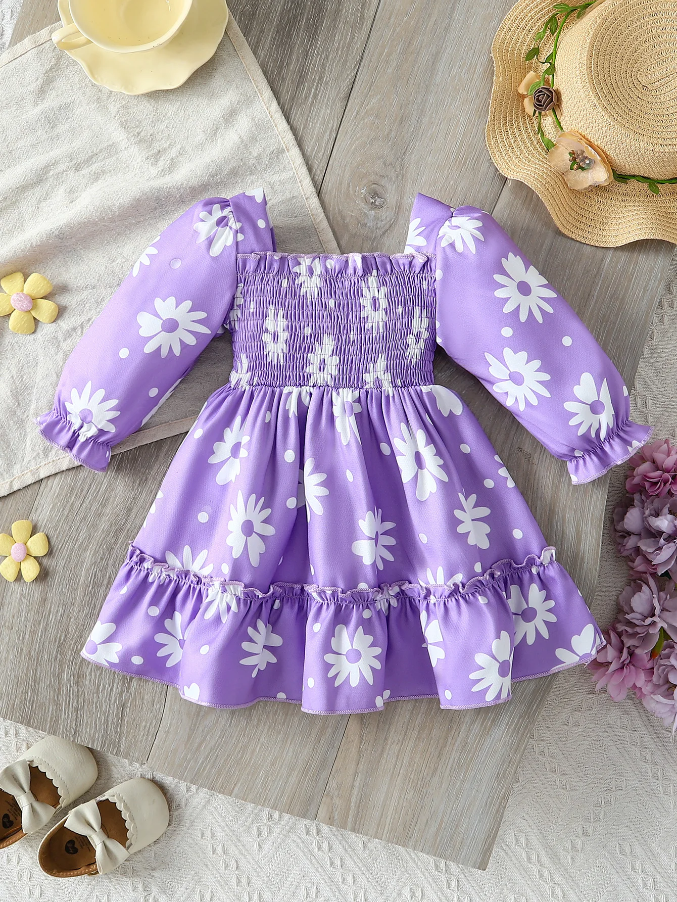 Baby Girl Daisy Floral Square Neck Puff Long Sleeve Dress, Smocked Ruffle Hem Princess Dress for 1‑3Y