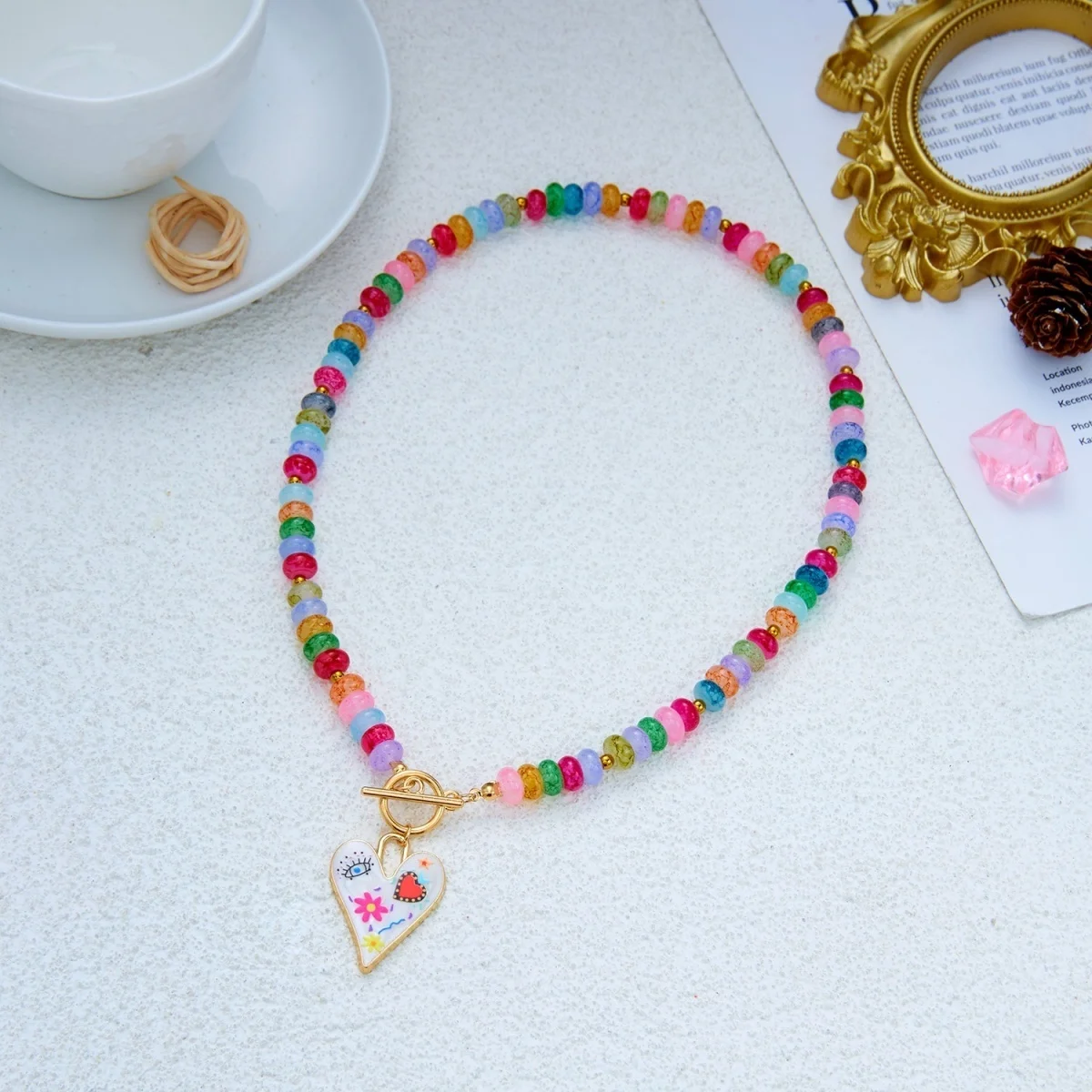 Dopamin Bunte Glas-Flachperlen Graffiti-Blumen-Herz-Anhänger Halskette für Frauen Männer Y2K Vintage OT-Schnallen-Choker Schmuck – Detail 28