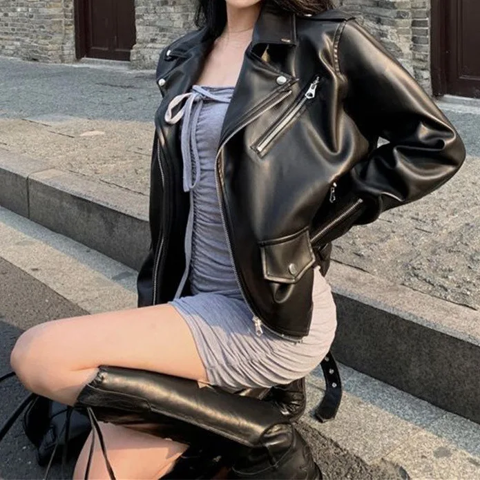 Autumn 2025 New Street Cool Leather Jacket Women's Loose Niche High-end Motorcycle Jacket Cropped Jacket