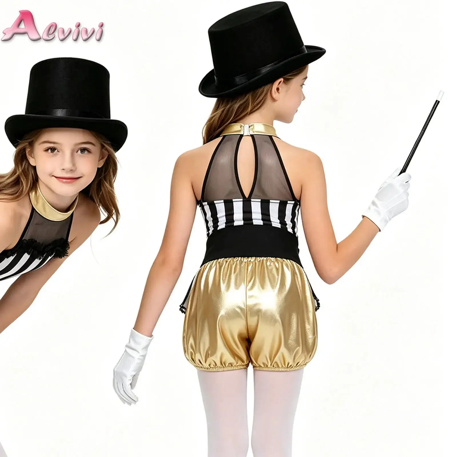 Girls 4 Pieces Circus Ringmaster Costume Sleeveless Waist Overlay Metallic Jumpsuit with Magic Wand Hat Gloves Dress Up Outfit