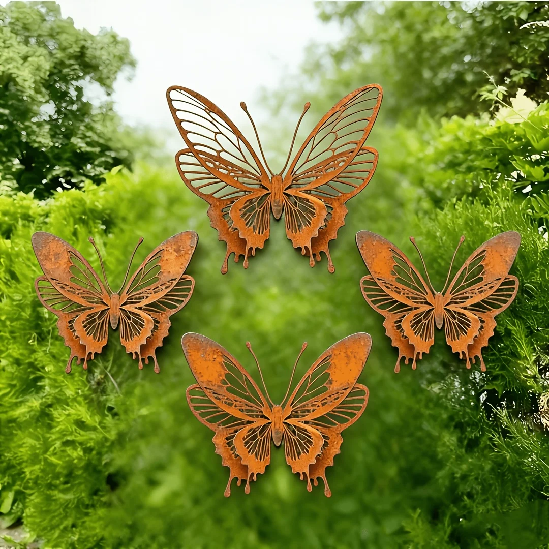 3D 3pcs Vintage Natural Rust-Colored Metal 8-Wing Butterfly Sculpture - Distressed Style, Freestanding Outdoor Garden Art Decor