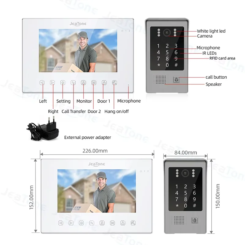 Jeatone 7inch Video Door Phone Intercom Doorbell Smart Home Tuya APP 1080P Touch Monitor Wireless WiFi Camera With RFID Password