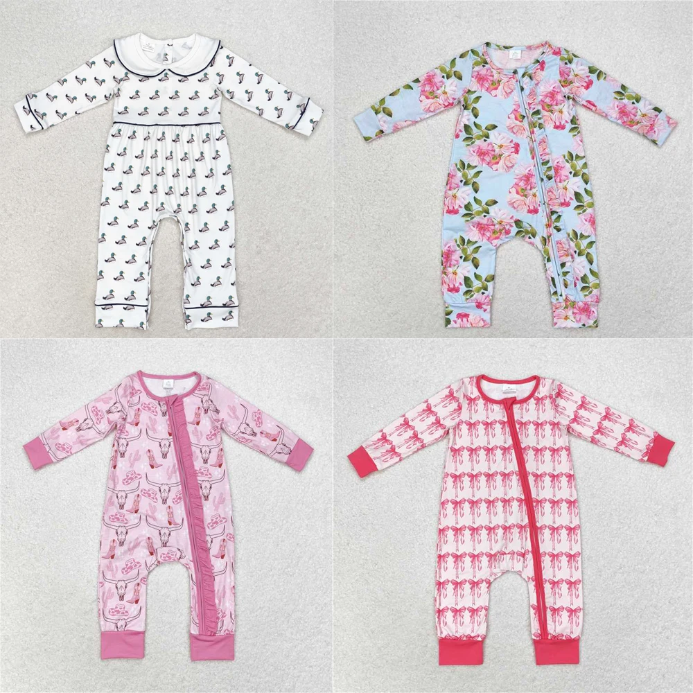 Wholesale western boutique newborn toddler Baby Girls Alpine bull head cowboy hat boots Pink lace zipper long-sleeved onesies