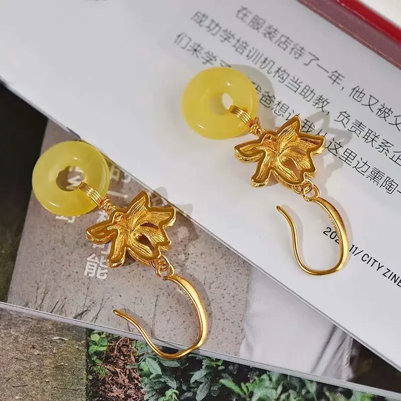 

Jade Donut Earrings for Women Talismans Gifts Yellow Natural Jewelry Fashion Stone Gemstone Charm 925 Silver Charms Vintage