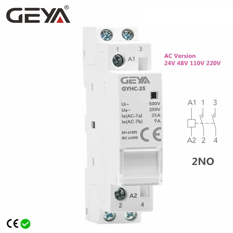 GEYA Din Rail Household Contactor AC24V 48V 110V 220V 2P 25A 2NO 50/60Hz AC Contactor