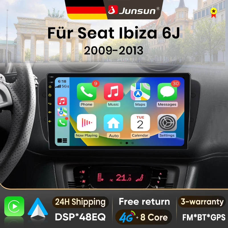 Autoradio Android 15 9 pouces Junsun pour Seat Ibiza 6j 2009-2013, sans fil, compatible Apple CarPlay, écran tactile IPS, lecteur multimédia vidéo, système intelligent automobile, autoradio 2 Din, GPS, navigation, BT, 4G, WIFI, 8 cœurs, FM, DSP, RDS, SWC, DAB+