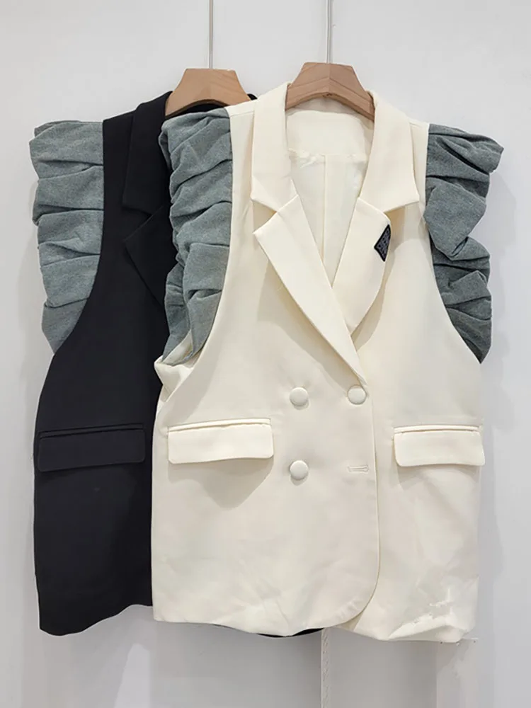 DEAT Women's Suit Waistcoat Double Breasted Patchwork Pleated Ruffles Edge Contrast Color Elegant Blazer Vest 2025 Spring New