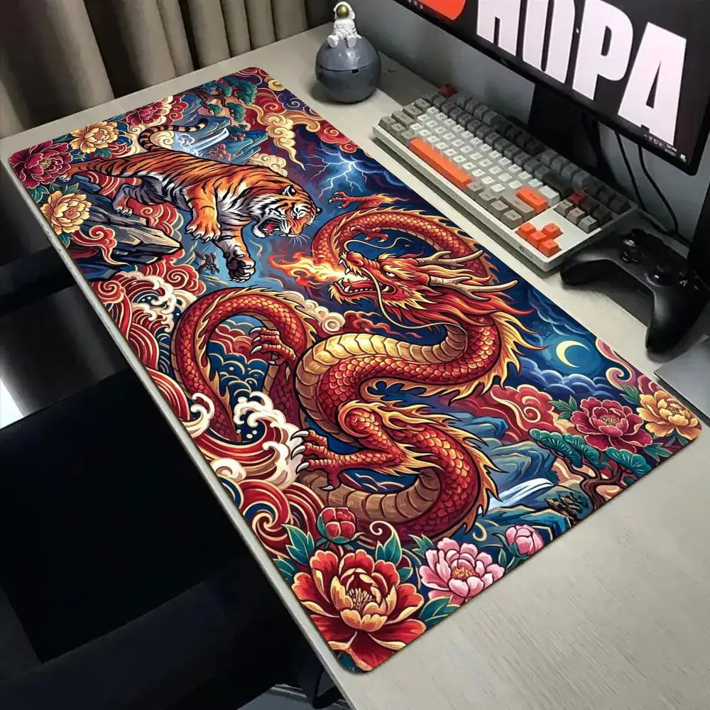 Fierce tiger and giant dragon Mouse Pad Desk Mat with Stitched Edge xxl mousepads Rubber Anti-slip gamer Keyboard Rug gaming mat