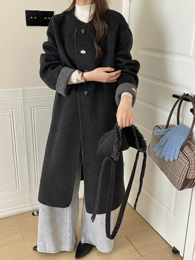 ZMEENNA Women's Long Wool Coat Winter Round Neck Jacket Pink Chic Outerwear Warm Oversized Overcoat With Pockets ZM3742