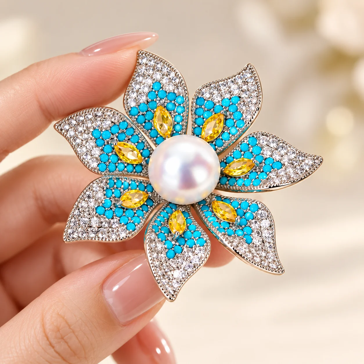Imitation Pearl Flower Brooch for Women, Blue Beaded Rhinestone Alloy Floral Pin with Large Imitation Pearl Flower Center, Yellow Rhinestone Inlay, Suitable for Adult Ladies' Suits, Coats, Sweaters, Shirts, Dresses, Scarves, Daily Wear, Commuting, Dating, Parties, Banquets, Weddings, Fashionable and Versatile, Elegant Flower-Shaped Brooch, Light Luxury, High-End Feel, Eye-Catching Gift, All-Season Versatile, Simple Brooch, Trendy Personalized Accessory, New Hot-Selling Recommendation