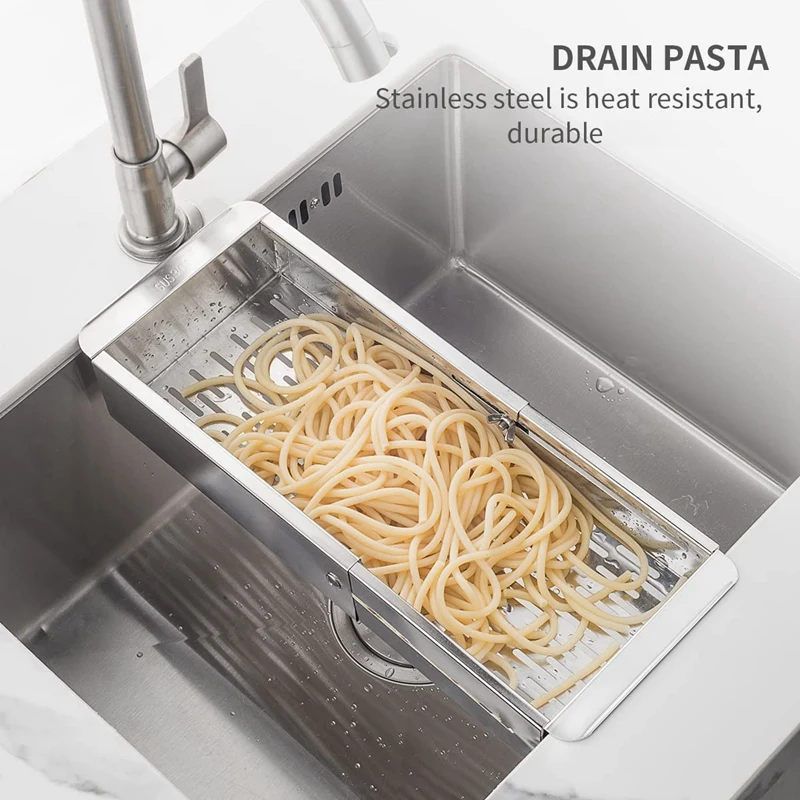 싱크대 위의 소쿠리 여과기 바구니 스테인레스 스틸 - 야채와 과일 세척, 요리된 파스타 배수 - 확장 가능