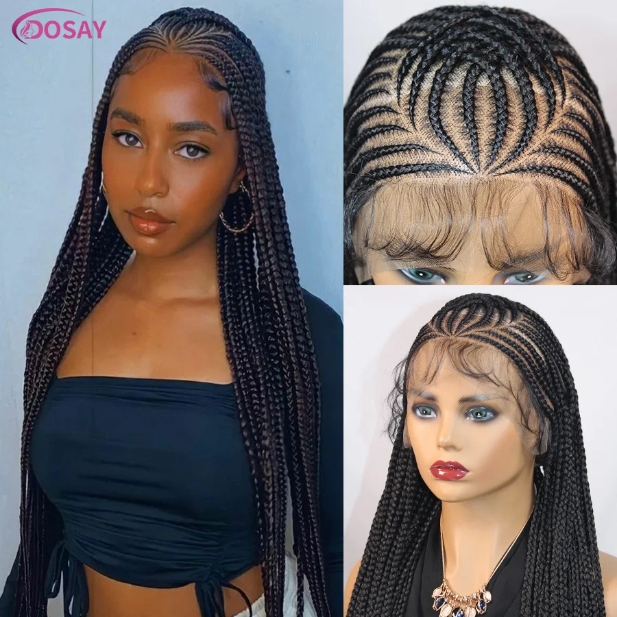 36Inch Synthetic Full Lace Braids Wigs For Black Women Knotless Box Cornrow Braids Lace Wigs Fulani Braiding Wig With Baby Hair