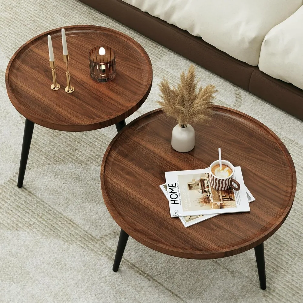 

Mid Century Modern Round Coffee Tables Set for Living Room, Easy Assembly, Minimalist Walnut Nesting Tables