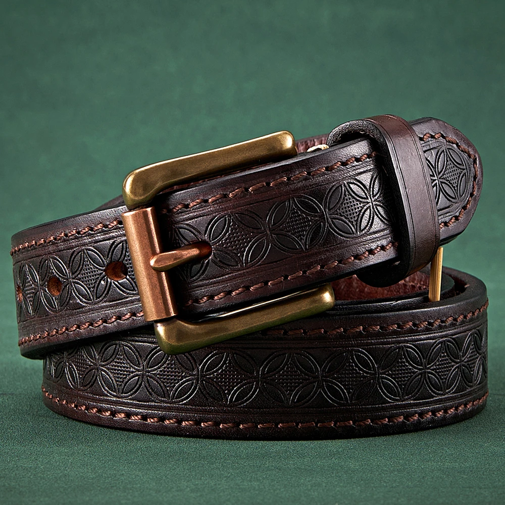 

3.3cm Grain Real Genuine Cowskin Soft Cowhide Personality Lucky Totem Vintage Luxury Copper Buckle Jeans Belts For Men