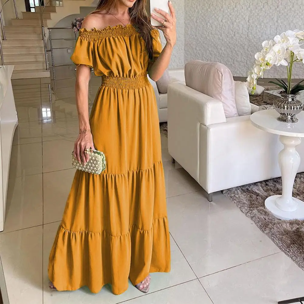 Sexy Pofmouwen Off Shoulder Ruches Vrouwen Jurk Grote Zoom A-Lijn Hoge Taille Effen Kleur Boho Maxi Jurk Losse Zonnejurk