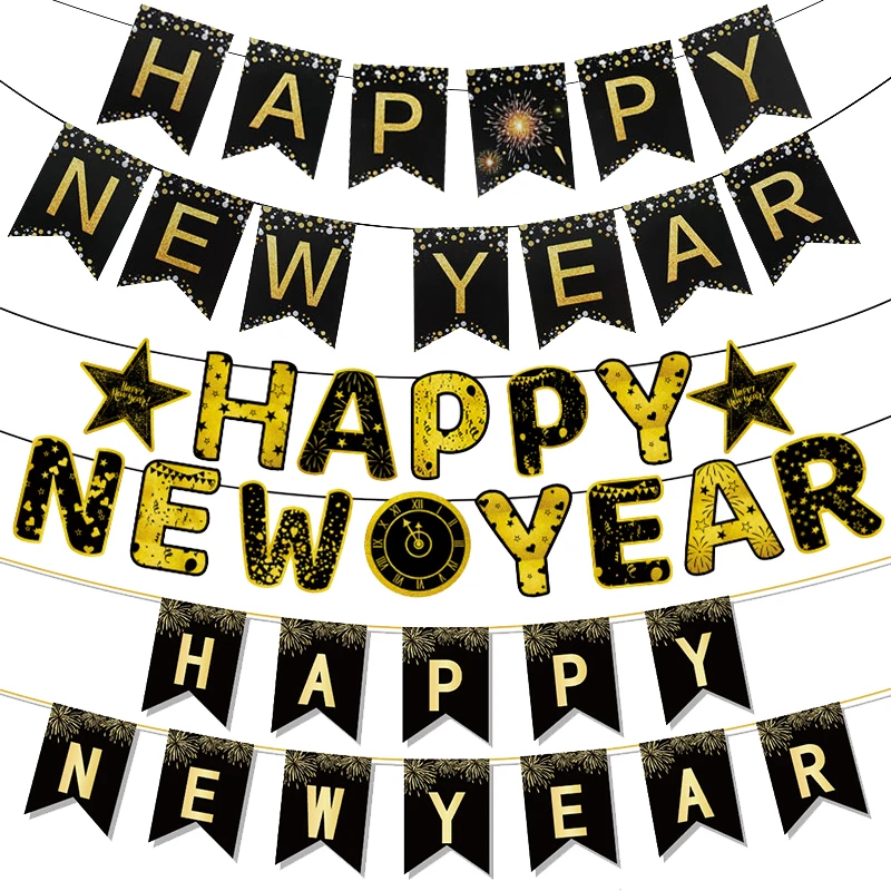 2025 Happy New Year Banner Black Gold Paper Banner With Black Firework Bunting Backdrop New Years Eve Party Decorations Supplies