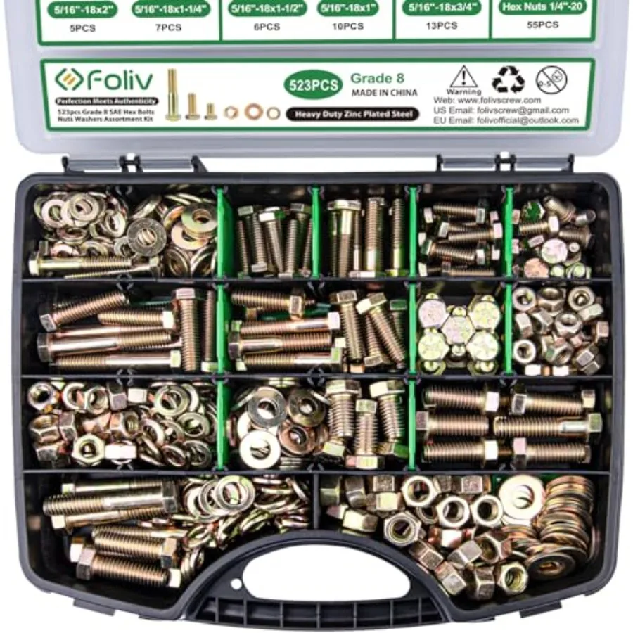 

523PCS Grade 8 Heavy Duty Bolt and Nut Assortment Kit for Automotive Repair Machinery Assembly and Industrial Maintenance Featu