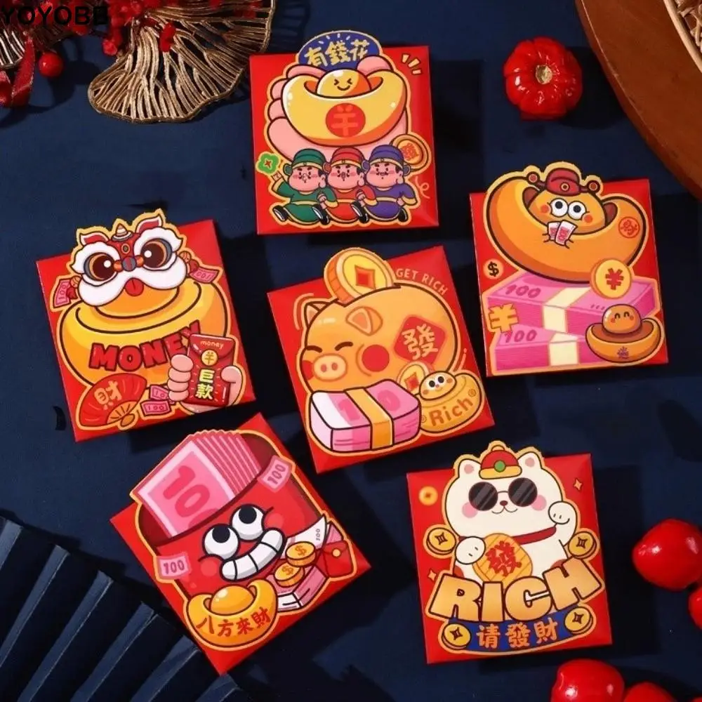 

6 pieces Cute Cartoon Red Envelopes Traditional Fortune Cat Lucky Money Bag Blessing Festive Money Pockets Lunar New Year