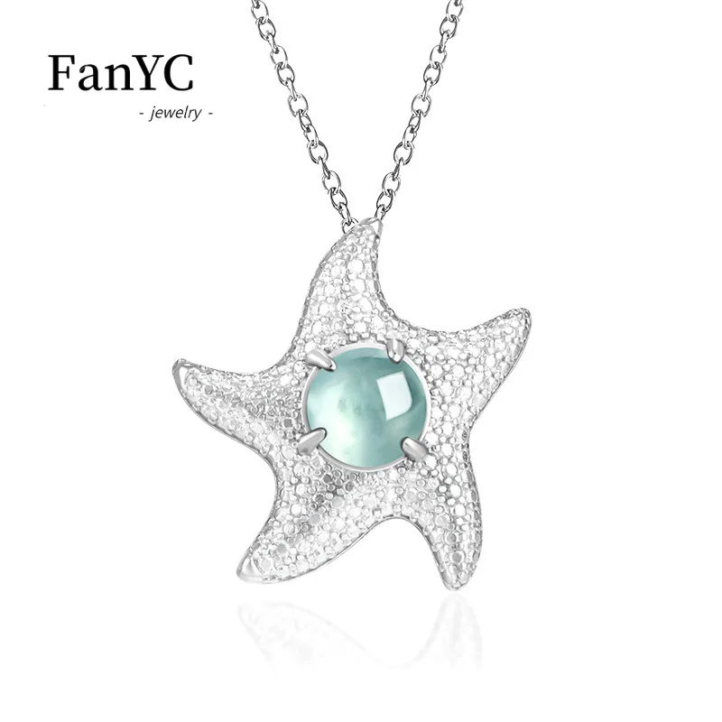 

S925 Silver Inlaid Myanmar A-goods Jadeite Blue Water Starfish Pendant Simple Exquisite Ice Jade Necklace Men and Women Gift